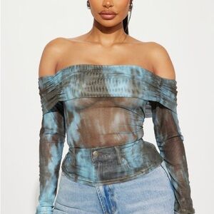 Fashion Nova Blue and Brown Long Sleeve Off Shoulder Top